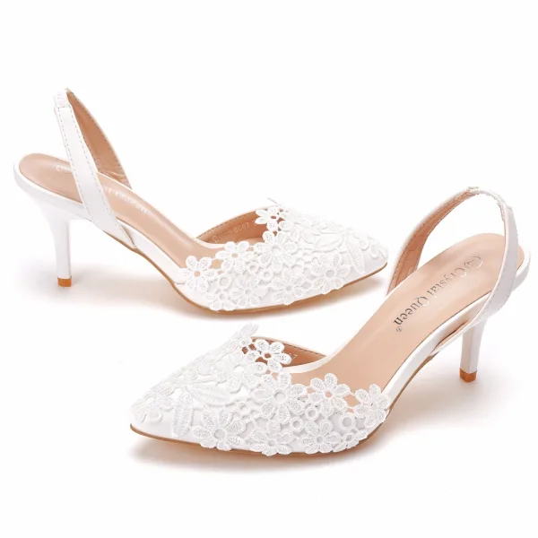 Chic / Belle Blanche En Dentelle Fleur Chaussure De Mariée 2021 7 cm Talons Aiguilles À Bout Pointu Mariage Talons Hauts