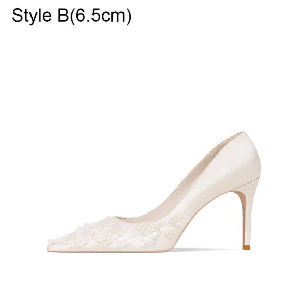 Elegant Ivory Satin Pearl Wedding Pumps High Heels 2021 8 cm Stiletto Heels Pointed Toe Wedding Shoes