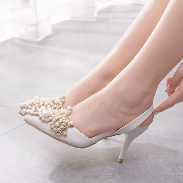 Charming White Pearl Rhinestone Womens Sandals High Heels 2021 7 cm Stiletto Heels Pointed Toe Wedding Sandals