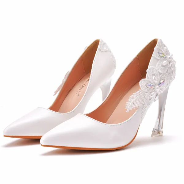 Fashion White Wedding Shoes 2021 Pearl Rhinestone Lace Flower 9 cm Stiletto Heels Pointed Toe Wedding Pumps High Heels
