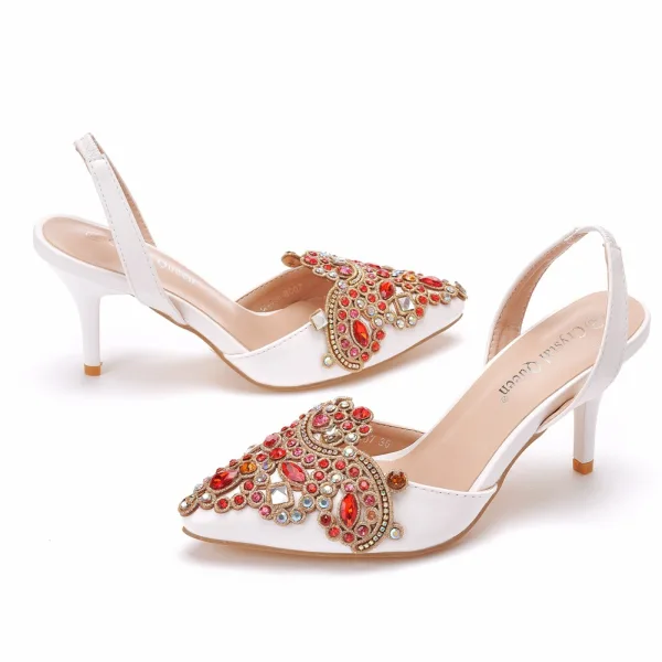 Charmant Weiß Strass Brautschuhe 2021 7 cm Stilettos Spitzschuh Hochzeit Sandaletten Hochhackige