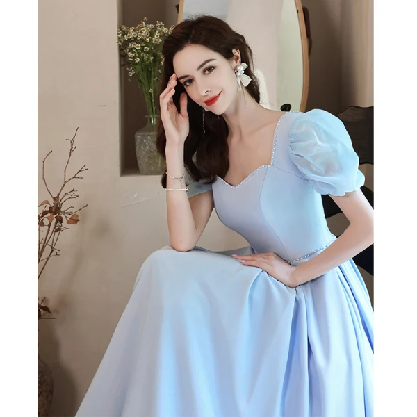 Élégant Bleu Ciel Perle Robe De Bal 2021 Princesse Encolure Carrée Manches Courtes Dos Nu Longue Robe De Ceremonie
