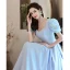 Élégant Bleu Ciel Perle Robe De Bal 2021 Princesse Encolure Carrée Manches Courtes Dos Nu Longue Robe De Ceremonie