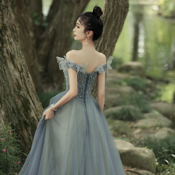 Charming Sage Green Prom Dresses 2021 A-Line / Princess Off-The-Shoulder Beading Sleeveless Backless Floor-Length / Long Formal Dresses