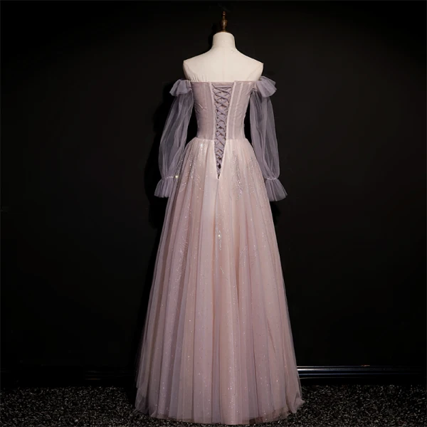 Chic / Beautiful Dusky Pink Prom Dresses 2021 A-Line / Princess Off-The-Shoulder Beading Rhinestone Sequins Long Sleeve Backless Floor-Length / Long Formal Dresses