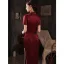 Chinesischer Stil Burgunderrot Satin Cheongsam 2021 Meerjungfrau Perle Stehkragen Kurze Ärmel Abend Lange Cheongsam