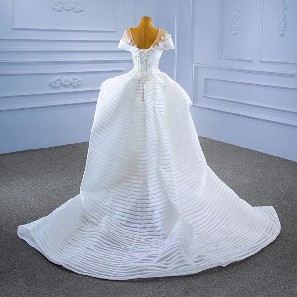 High-end Charming White Wedding Dresses 2021 Trumpet / Mermaid U-Neck Beading Pearl Appliques Short Sleeve Backless Court Train Wedding
