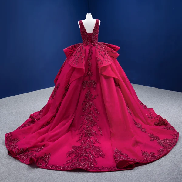 Elegant Burgundy Wedding Dresses 2021 Ball Gown Beading Pearl Sequins V-Neck Sleeveless Backless Cascading Ruffles Cathedral Train Wedding