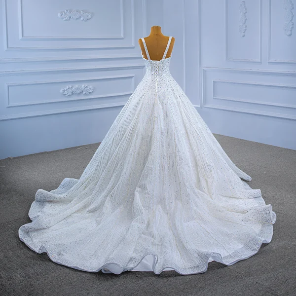 High-end White Glitter Wedding Dresses 2021 Ball Gown Sleeveless Sequins Rhinestone Spaghetti Straps Cathedral Train Wedding