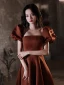 Elegant Coffee Satin Prom Dresses 2021 A-Line / Princess Square Neckline Puffy Short Sleeve Backless Floor-Length / Long Prom Formal Dresses