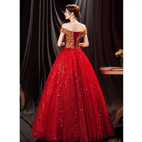 Scintillantes Rouge Glitter Perlage Paillettes Robe De Bal 2021 Princesse De l'épaule Sans Manches Dos Nu Longue Robe De Ceremonie