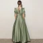 Elegant Sage Green Birthday Flower Girl Dresses 2021 A-Line / Princess Satin V-Neck Short Sleeve Floor-Length / Long Flower Girl Dresses