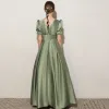 Elegant Sage Green Birthday Flower Girl Dresses 2021 A-Line / Princess Satin V-Neck Short Sleeve Floor-Length / Long Flower Girl Dresses