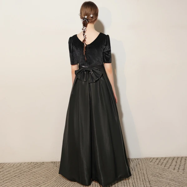 Elegant Black Birthday Suede Party Dresses Flower Girl Dresses 2021 A-Line / Princess Square Neckline Short Sleeve Floor-Length / Long Backless Bow Flower Girl Dresses