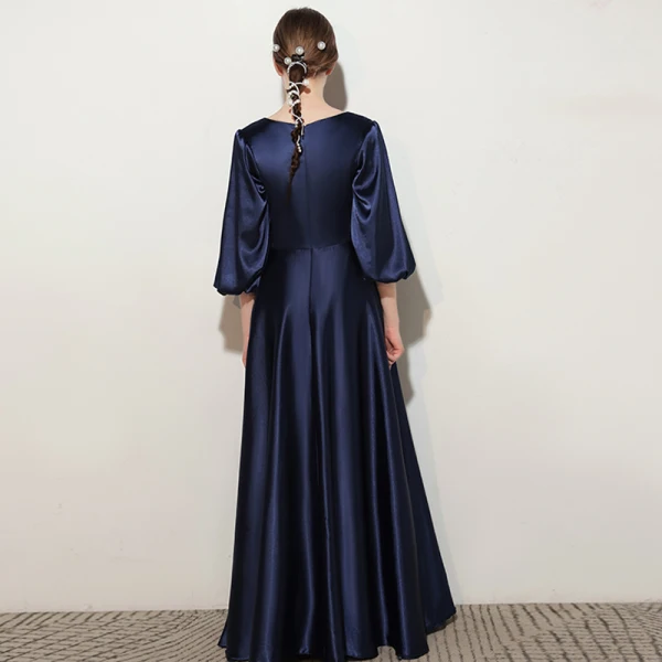 Elegant Navy Blue Satin Birthday Flower Girl Dresses Party Dresses 2021 A-Line / Princess V-Neck 1/2 Sleeves Floor-Length / Long Flower Girl Dresses