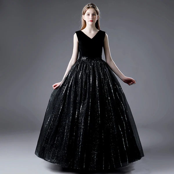 Charming Black Sequins Birthday Flower Girl Dresses Party Dresses 2021 Ball Gown V-Neck Sleeveless Floor-Length / Long Flower Girl Dresses