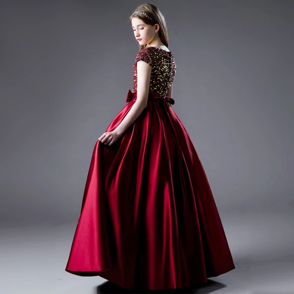 Charming Burgundy Party Dresses Flower Girl Dresses 2021 A-Line / Princess Scoop Neck Satin Short Sleeve Bow Sash Sequins Birthday Floor-Length / Long Flower Girl Dresses