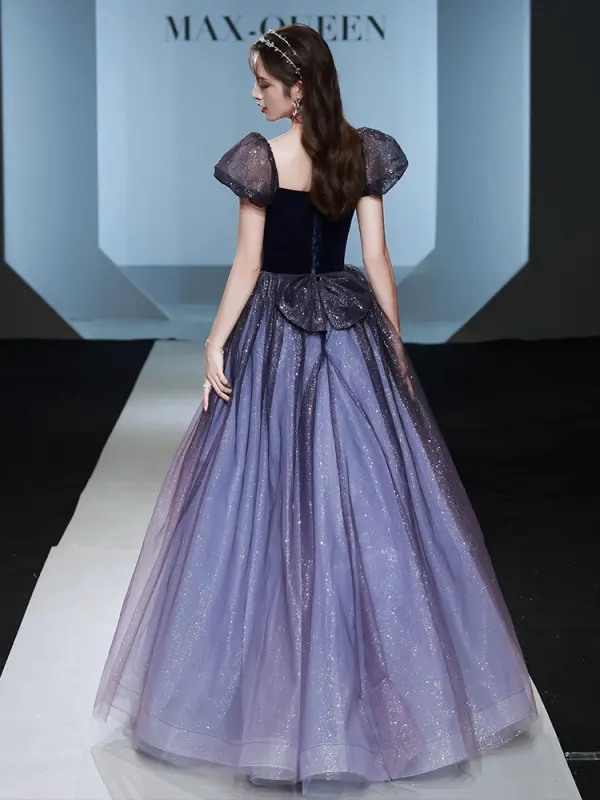 Charmant Bleu Marine Glitter Paillettes Robe De Bal 2021 Princesse Encolure Carrée Gonflée Manches Courtes Dos Nu Longue Robe De Ceremonie