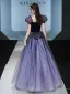 Charmant Bleu Marine Glitter Paillettes Robe De Bal 2021 Princesse Encolure Carrée Gonflée Manches Courtes Dos Nu Longue Robe De Ceremonie