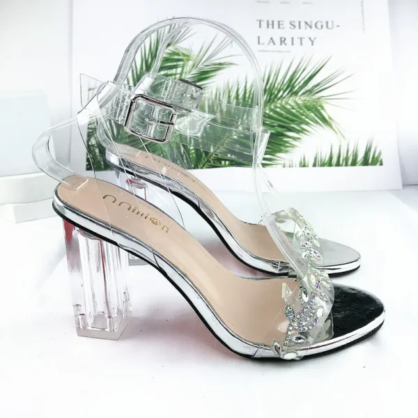 Sexy Transparent Champagne Crystal Womens Sandals 2021 Street Wear Ankle Strap Rhinestone 10 cm Thick Heels Open / Peep Toe Sandals High Heels