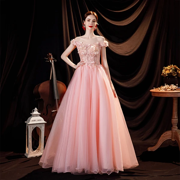 Charmant Rose Bonbon Faux Diamant En Dentelle Fleur Appliques Robe De Bal 2021 Princesse De l'épaule Sans Manches Dos Nu Longue Robe De Ceremonie