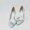 Charming Mint Green Appliques Pearl Rhinestone Wedding Shoes 2021 Leather 10 cm Stiletto Heels Pointed Toe Wedding Shoes High Heels