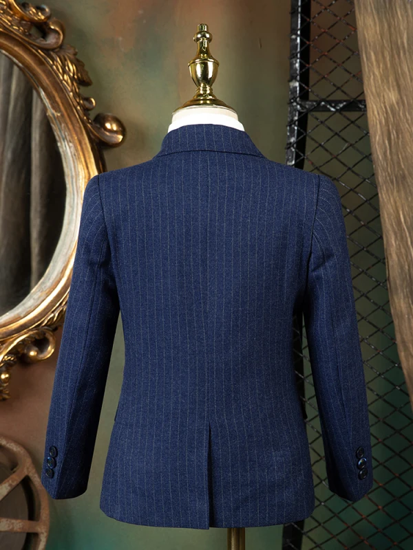 Fashion Navy Blue Striped Long Sleeve Boys Wedding Suits 2021 Body Jewellery Coat Pants Shirt Tie Vest