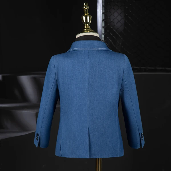 Fashion Ocean Blue Boys Wedding Suits 2021 Long Sleeve Rhinestone Bow Body Jewellery Coat Pants Shirt Vest