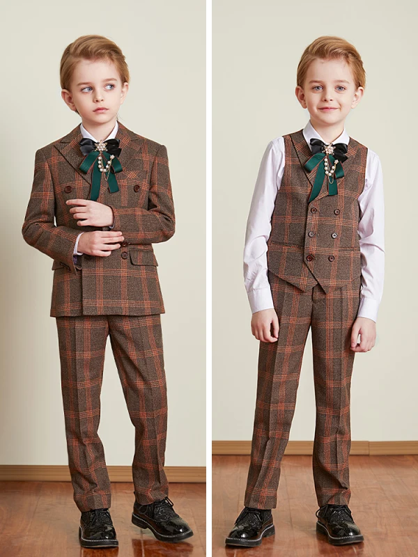 Fashion Brown Plaid Boys Wedding Suits 2021 Long Sleeve Body Jewellery Coat Pants Shirt Vest
