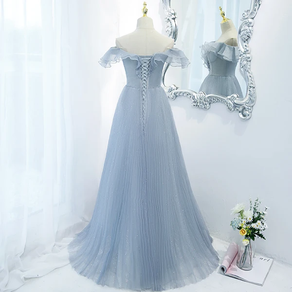 Charming Sky Blue Glitter Pleated Prom Dresses 2021 A-Line / Princess Ruffle Off-The-Shoulder Short Sleeve Floor-Length / Long Formal Dresses