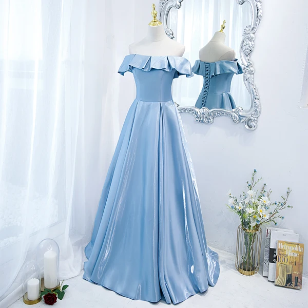 Simple Bleu Ciel Satin Robe De Bal 2021 Princesse De l'épaule Manches Courtes Longue Robe De Ceremonie