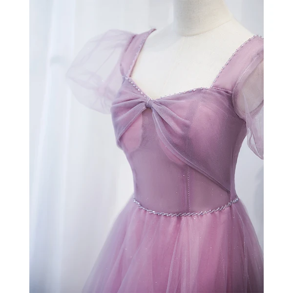 Elegant Lilac Beading Prom Dresses 2021 A-Line / Princess Square Neckline Puffy Short Sleeve Backless Floor-Length / Long Formal Dresses