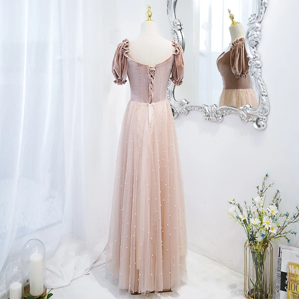 Elegant Rødmende Rosa Perle Suede Ballkjoler 2021 Prinsesse Firkantet Hals Korte Ermer Ryggløse Lange Ballkjoler