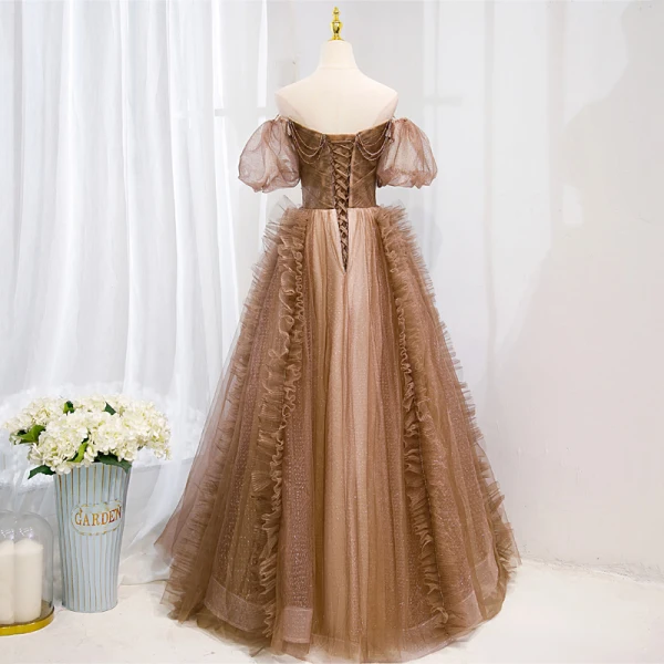 Fashion Brown Beading Sequins Rhinestone Backless Pierced Prom Dresses 2021 A-Line / Princess Off-The-Shoulder Puffy Short Sleeve Floor-Length / Long Formal Dresses