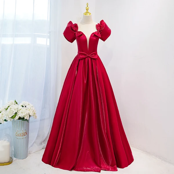 Elegant Burgundy Bow Satin Prom Dresses 2021 A-Line / Princess Square Neckline Short Sleeve Floor-Length / Long Formal Dresses