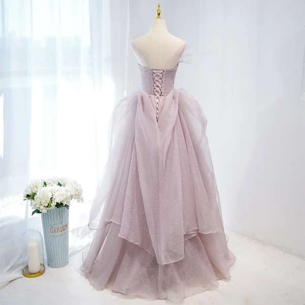 Charming Fashion Dusky Pink Cascading Ruffles Prom Dresses 2021 A-Line / Princess Strapless Sleeveless Backless Floor-Length / Long Prom Formal Dresses