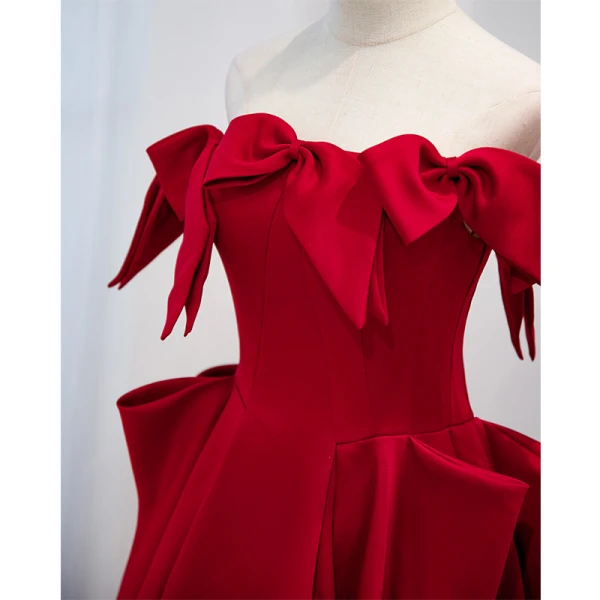 Elegant Burgundy Satin Prom Dresses 2021 A-Line / Princess Off-The-Shoulder Short Sleeve Backless Floor-Length / Long Formal Dresses