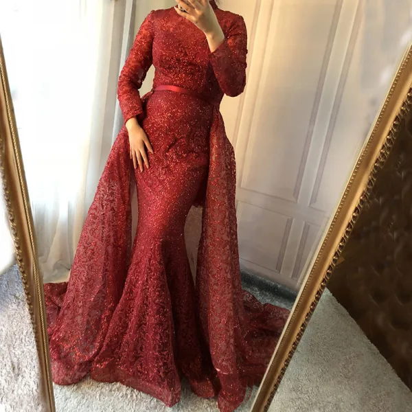 Haut de Gamme Noire Robe De Soirée 2021 Trompette / Sirène Col Haut Fait main Perlage Paillettes Ceinture Manches Longues Longue Soirée Robe De Ceremonie