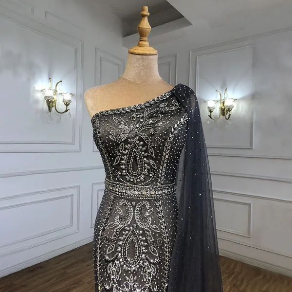 High-end Grey Beading Rhinestone Evening Dresses 2021 Trumpet / Mermaid One-Shoulder Sleeveless Backless Floor-Length / Long Evening Party Formal Dresses