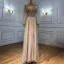 Charmant High End Beige Abendkleider 2021 A Linie V-Ausschnitt Perlenstickerei Strass Pailletten Lange Ärmel Rückenfreies Sweep / Pinsel Zug Abend Festliche Kleider