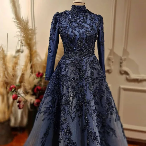 High-end Navy Blue Handmade  Beading Rhinestone Evening Dresses 2021 A-Line / Princess High Neck Long Sleeve Floor-Length / Long Evening Party Formal Dresses