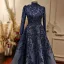 High-end Navy Blue Handmade  Beading Rhinestone Evening Dresses 2021 A-Line / Princess High Neck Long Sleeve Floor-Length / Long Evening Party Formal Dresses