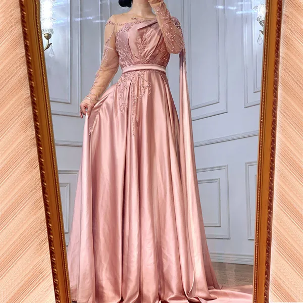 Modern / Fashion Olive Green Evening Dresses  2021 A-Line / Princess Scoop Neck Beading Rhinestone Long Sleeve Evening Party Floor-Length / Long Formal Dresses