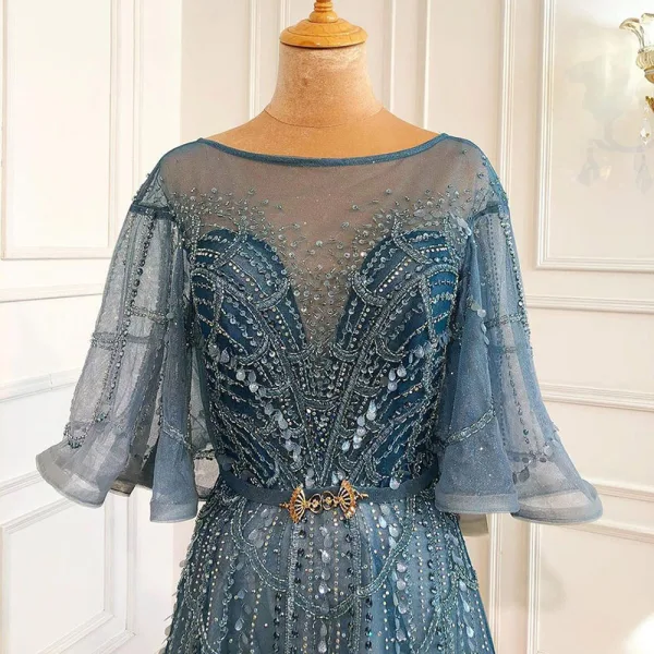 Charmant High End Meeresblau Abendkleider 2021 A Linie Rundhalsausschnitt Perlenstickerei Strass Pailletten 1/2 Ärmel Rückenfreies Stoffgürtel Lange Festliche Kleider