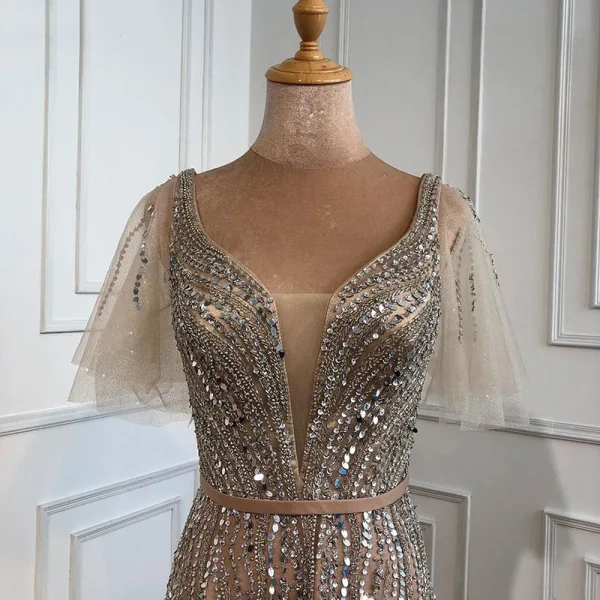 Sparkly High-end Beading Sequins Gold Evening Dresses 2021 A-Line / Princess Square Neckline Sash Short Sleeve Backless Floor-Length / Long Formal Dresses