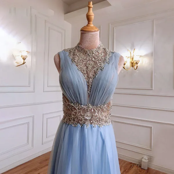 Fashion Sky Blue Beading Rhinestone Sequins Evening Dresses 2021 A-Line / Princess High Neck Sleeveless Floor-Length / Long Formal Dresses