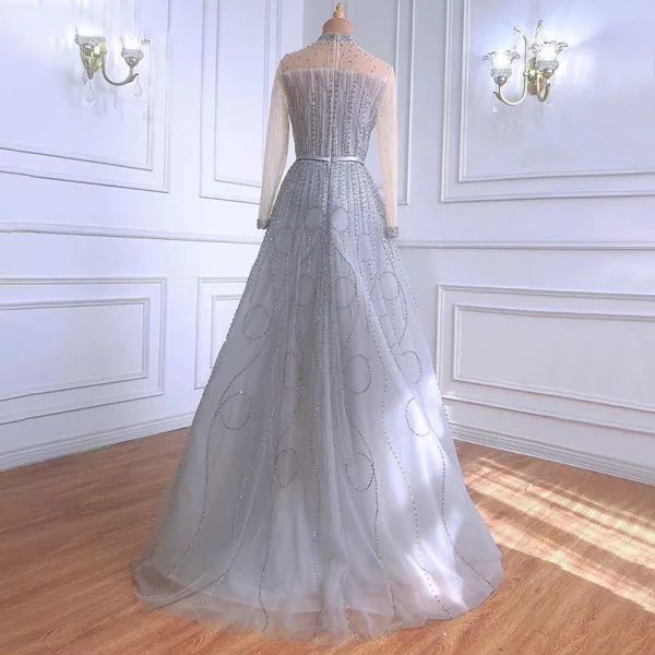 High-end Grey Beading Rhinestone Sequins Evening Dresses  2021 A-Line / Princess High Neck Long Sleeve Sash Floor-Length / Long Formal Dresses