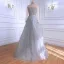 High-end Grey Beading Rhinestone Sequins Evening Dresses  2021 A-Line / Princess High Neck Long Sleeve Sash Floor-Length / Long Formal Dresses