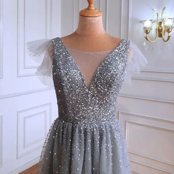 High-end Grey Sequins Evening Dresses 2021 A-Line / Princess Scoop Neck Sleeveless Backless Floor-Length / Long Formal Dresses