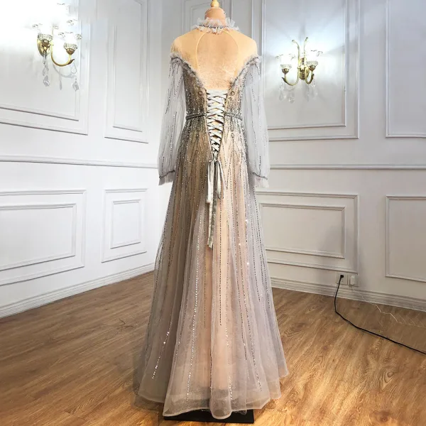 High-end Fashion Silver Evening Dresses  2021 A-Line / Princess Scoop Neck Beading Rhinestone Ruffle Long Sleeve Backless Floor-Length / Long Formal Dresses